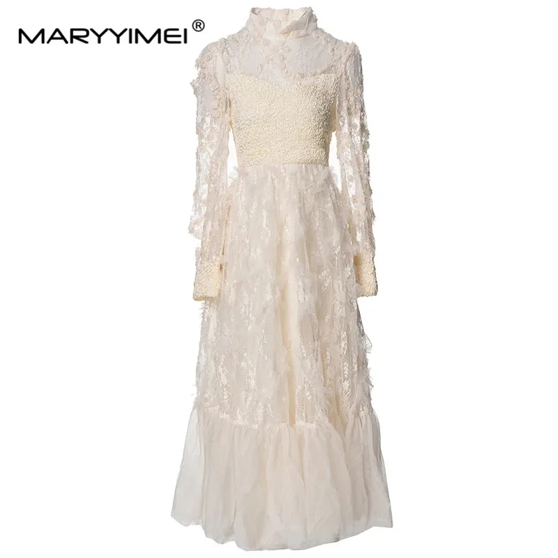 

MARYYIMEI New Fashion Runway Designer Women's Stand Collar Flounce Embroidery Three-Dimensional Flowers Press Pleated Dress