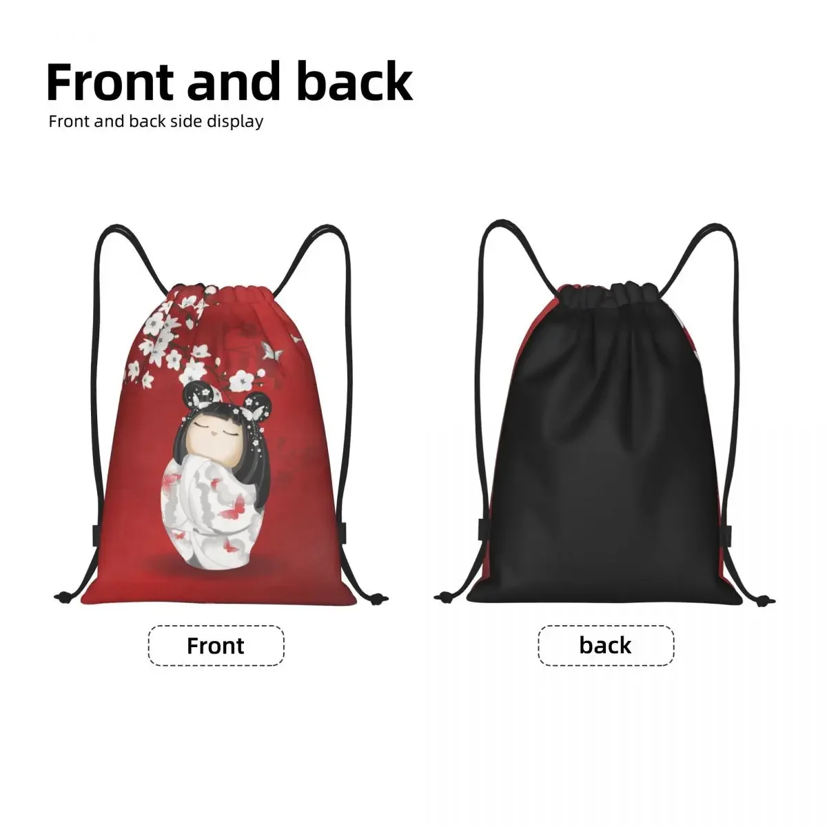 Mochila de cordão para esportes Gym Bag para homens e mulheres, boneca Kawaii Kokeshi, flores de cerejeira, arte gueixa japonesa, sacola de compras