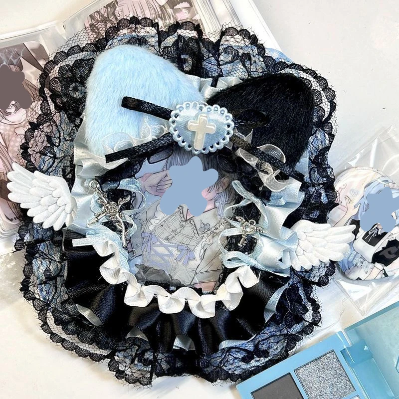 Handmade square photocard holder, fluffy cat‑ear decor, bat‑wing ornaments, lace ruffle trim, satin ribbon details, clear PVC for 3‑inch collectible cards, protective display case for hobby card collections