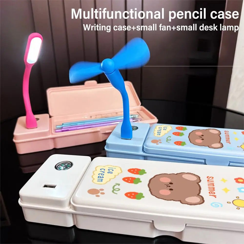 Large Capacity Double Layer Pencil Case With Compass With Fan/Desk Lamp Pencil Box Plastic Stationery Storage Box For Boys/Girls