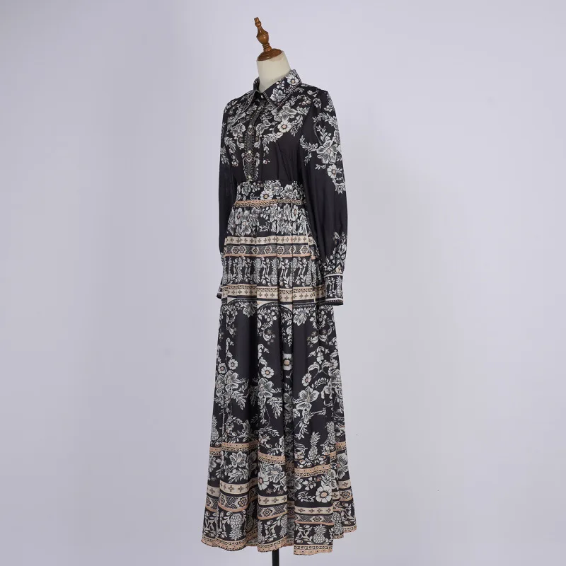 Slim Fit Lungo Sve Bla Floral Dr Set Faion da donna Primavera Estate Autunno Gonna Gored in poliestere Collo alto Maxi Dr
