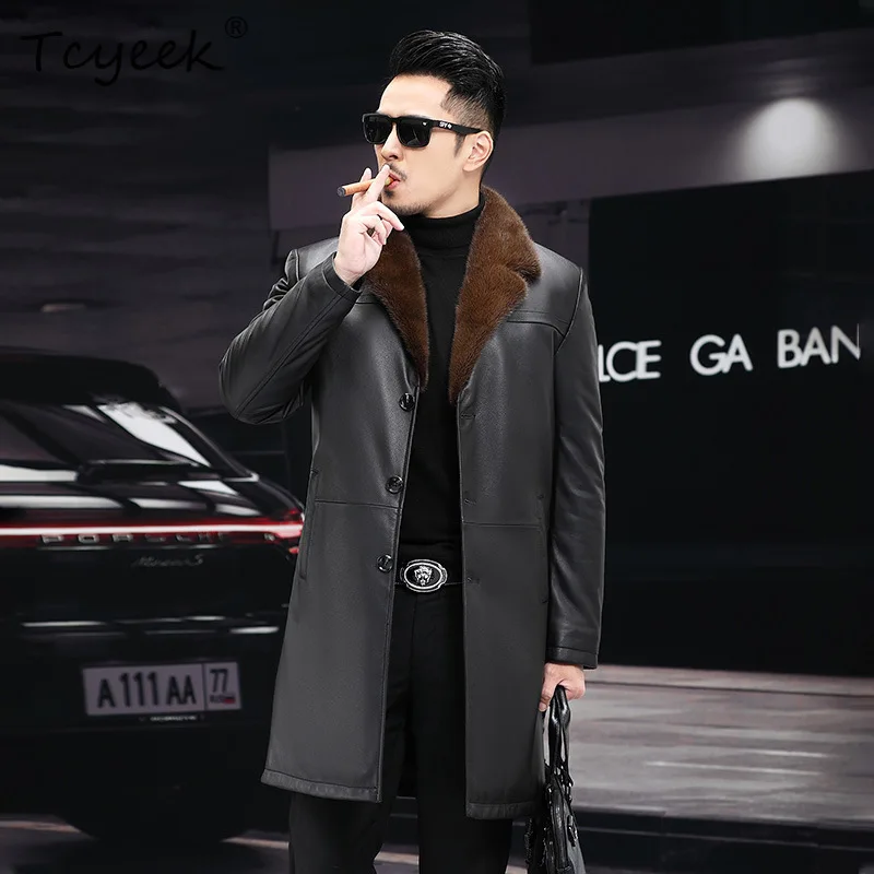 

Tcyeek Top Layer Goatskin Genuine Leather Jacket Men Clothes Business Casual Mens Coats Real Mink Fur Winter Coat Suit Collar
