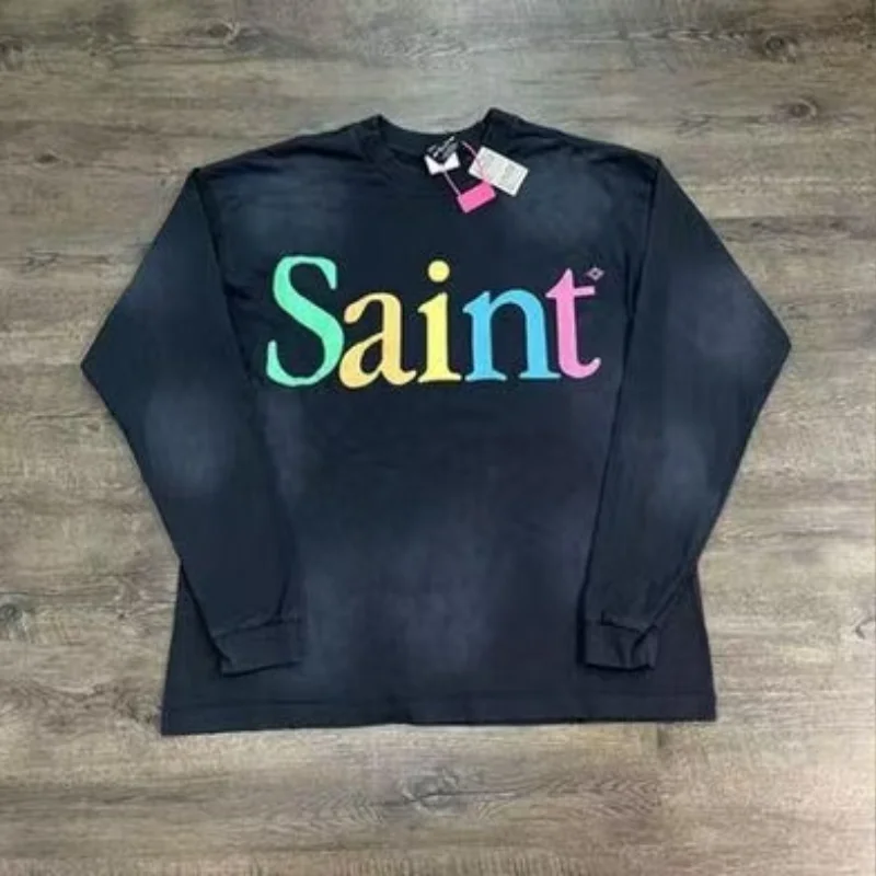 

25ss Vintage Washed Black Long Sleeve T-Shirt Saint Man Woman Cotton T Shirt Colorful Letters Print Loose Casual Tops