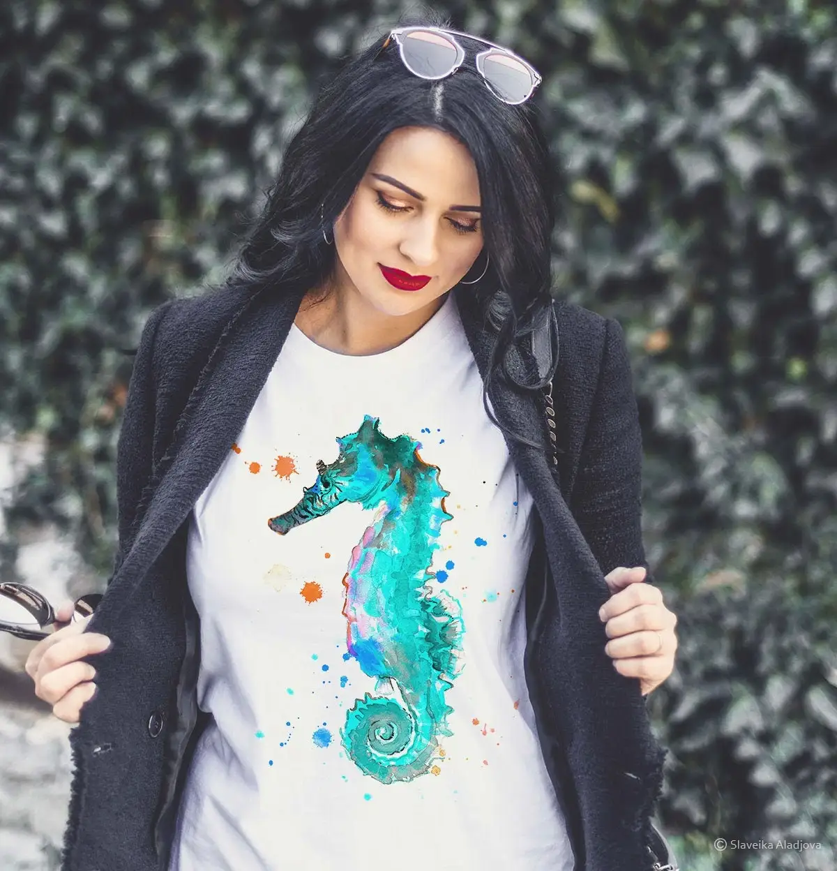 Blue Seahorse watercolor ladies' T shirt women's tees Shirtn Clothing Girls' ring spun Cotton 100 print