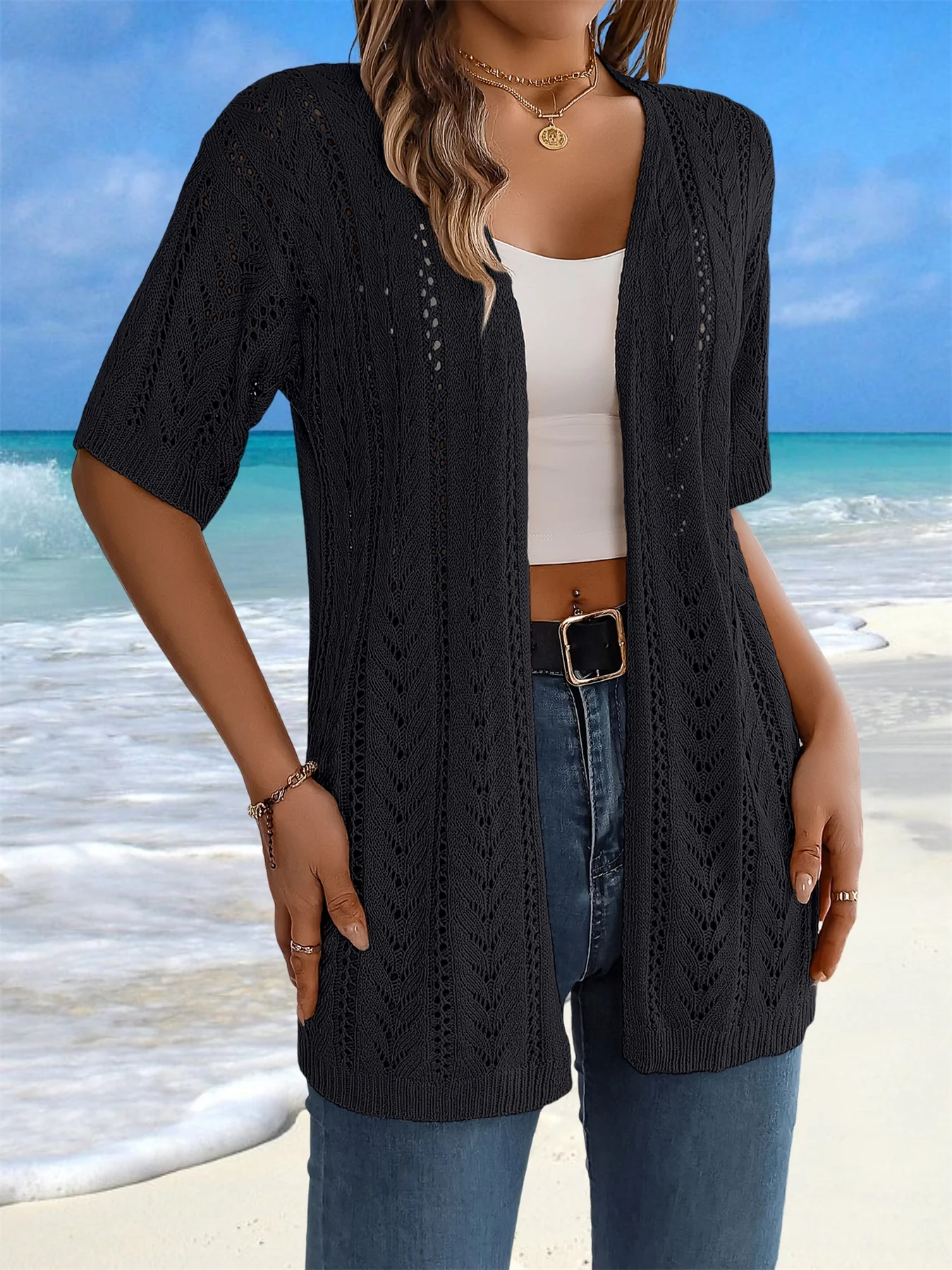 Crochet Tops for Women Short Sleeve Mesh Lightweight Summer Cardigan Open-Front Cover Ups Knitted Sheer Tops