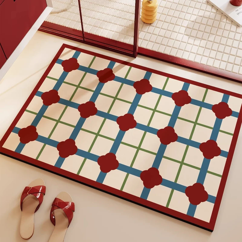 Absorbent Bath Carpet Diatom Mud Anti-slip Stain-resistant Floor Mat Retro Red Striped Cross-grid Rug Toilet  Rugs Home Decor