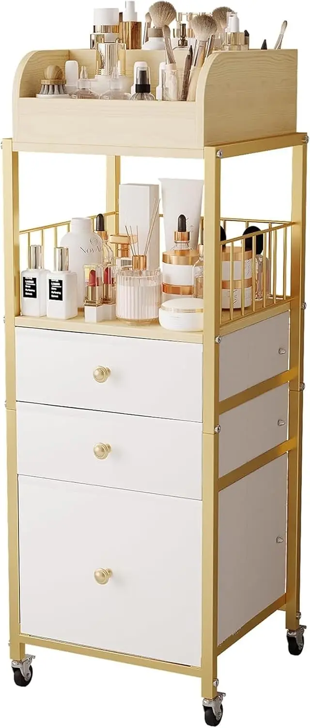 

Gold Makeup Organizer Cart with Drawers, Skincare Vanity Display for Perfume Nail Polish Brushes