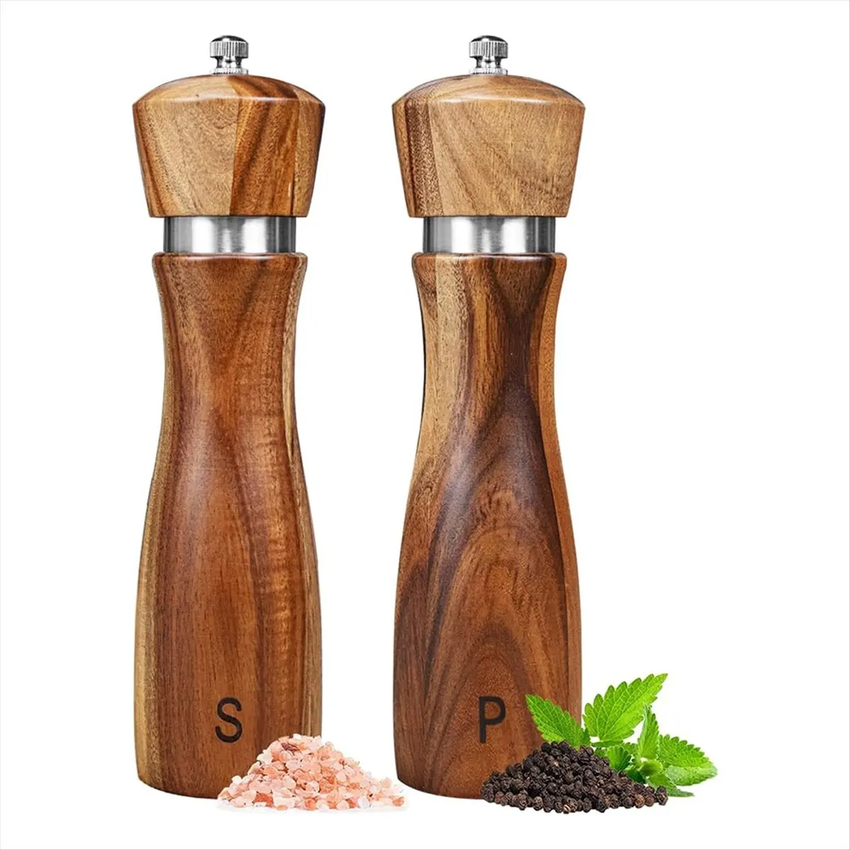 2025+ 2 Pack Acacias Wood Salt and Pepper Grinder Set, Wooden Salt and Pepper Mill Set Salt and Pepper Shaker Tableware 8 Inch