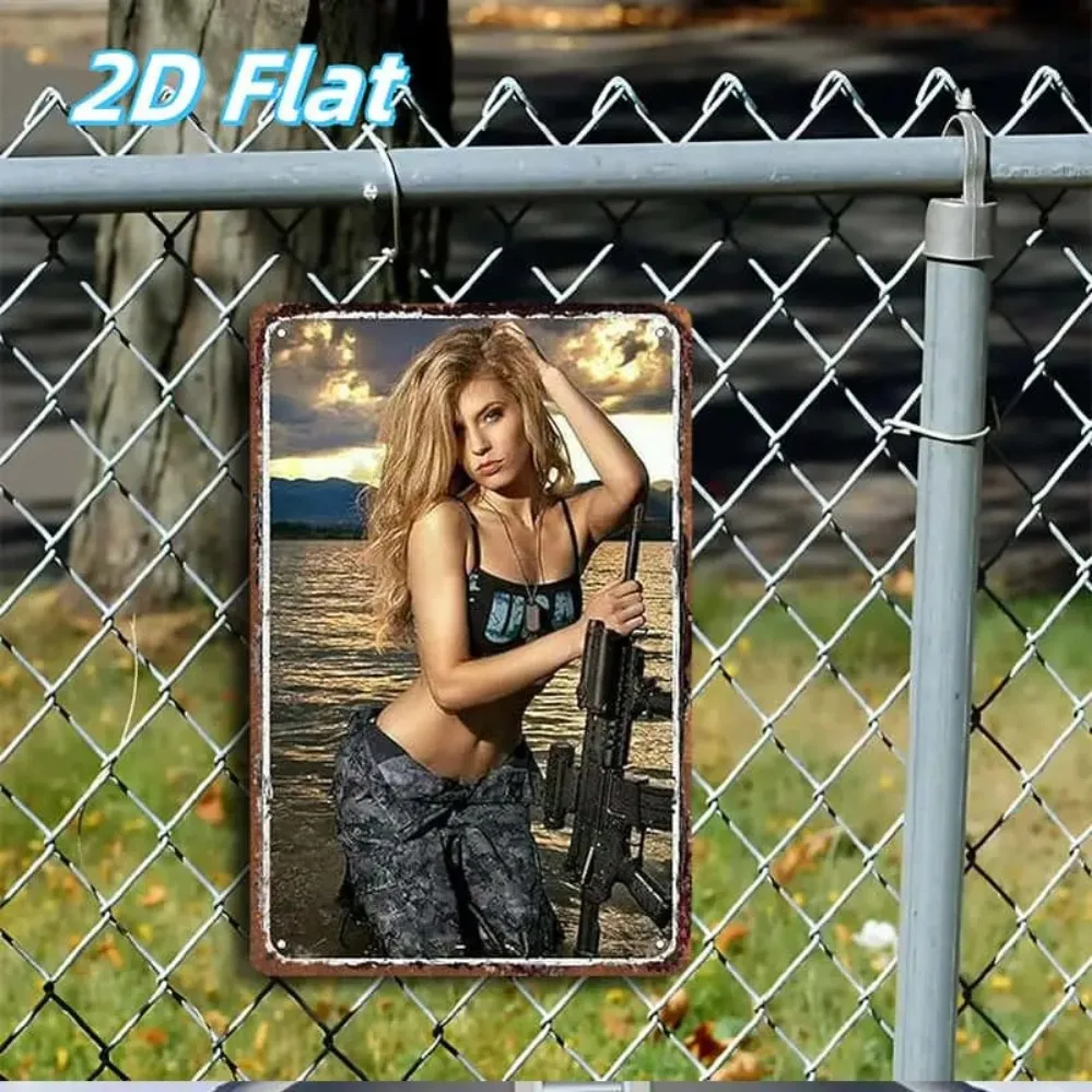 2D Metal Sign, Retro Tin Sign Sexy Cowgirl with Gun at Sunset, 8x12 Inch Metal Wall Decor for Home Man Cave Bedroom Bar