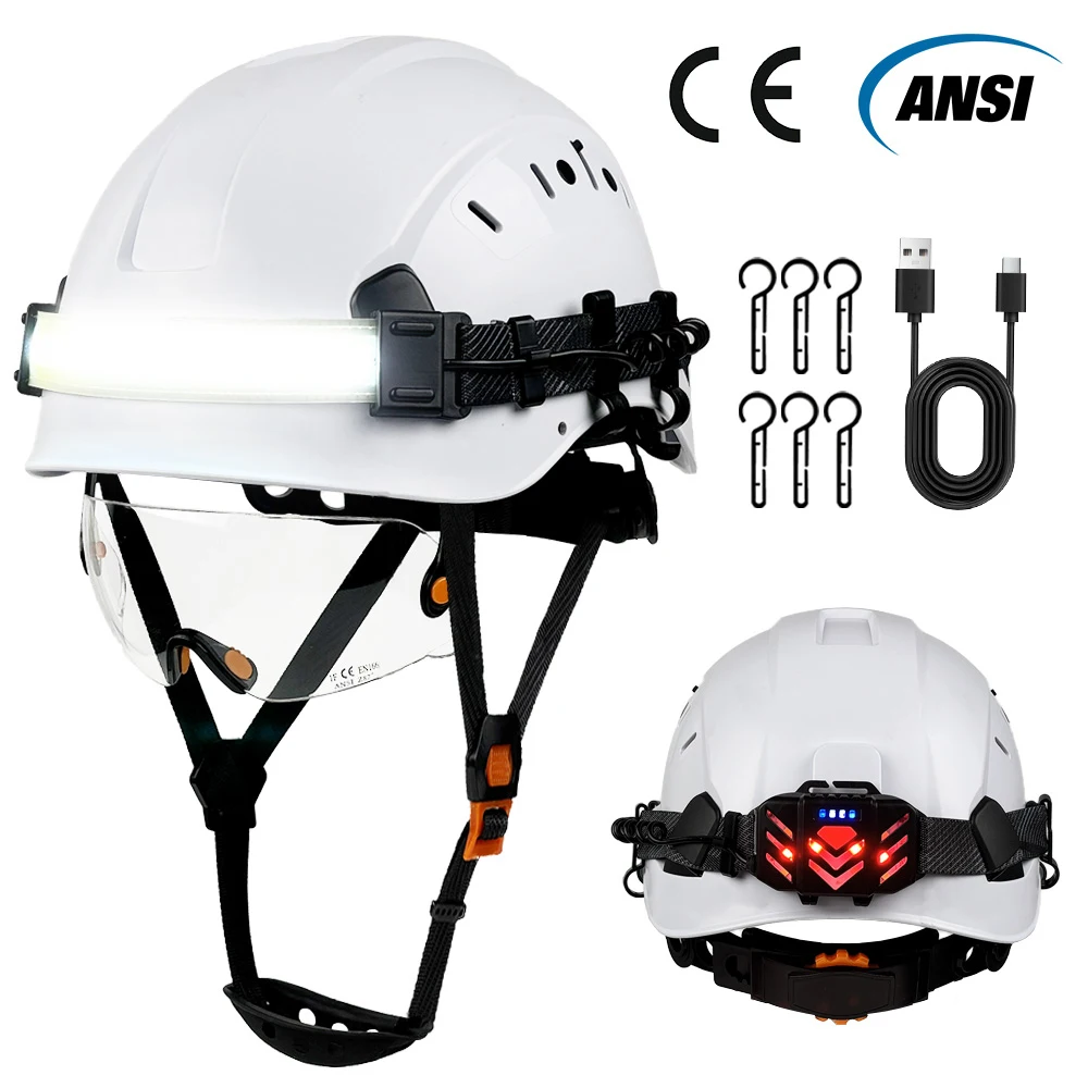 CE Safety Helmet W/ Built-in Goggles Led Headlight Strip and Warning Taillight ABS Hard Hat Construction Work Safety Cap ANSI