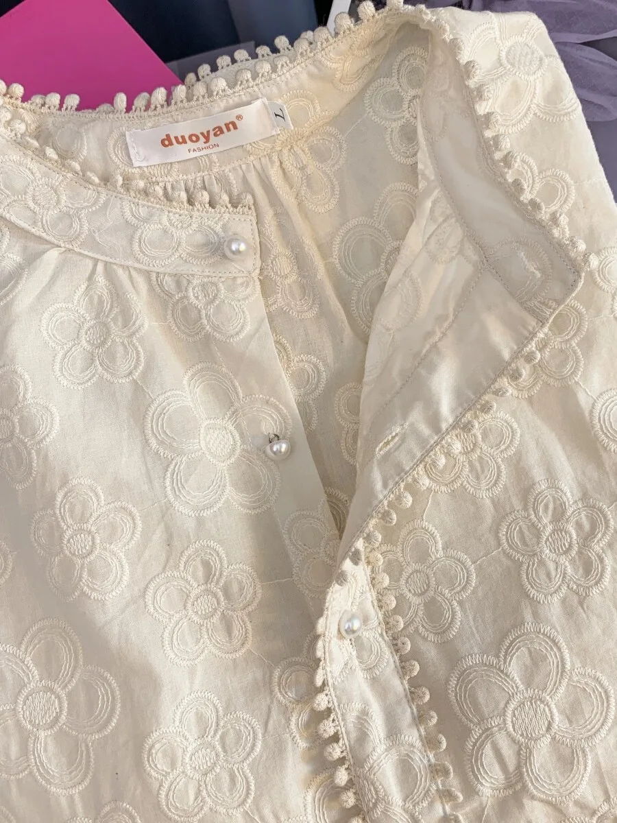 

Retro Stand Collar Embroidered Floral Lace irt Women's Spring Autumn Base irt Ele Top Trendy Cotton Blend Long Sve