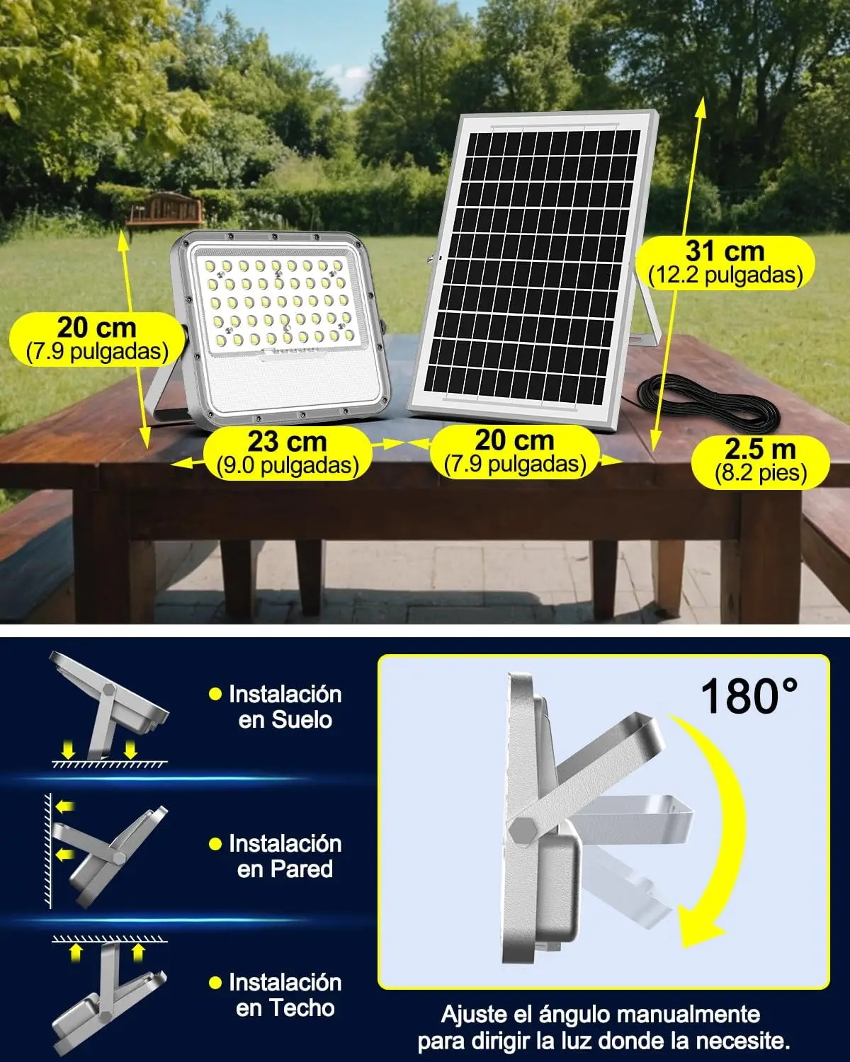 Lampu Banjir Tenaga Surya 3000LM Luar Ruangan, Lampu Keamanan Senja hingga Fajar dengan Baterai 10000mAh, Tahan Air IP65, Remote Control untuk Dinding