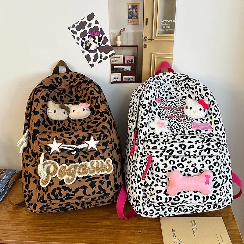 

New Hello Kitty Leopard Print Backpack Kawaii Cartoon KT Large Capacity Students Schoolbag Fashion Portable Shoulders Bag Gifts