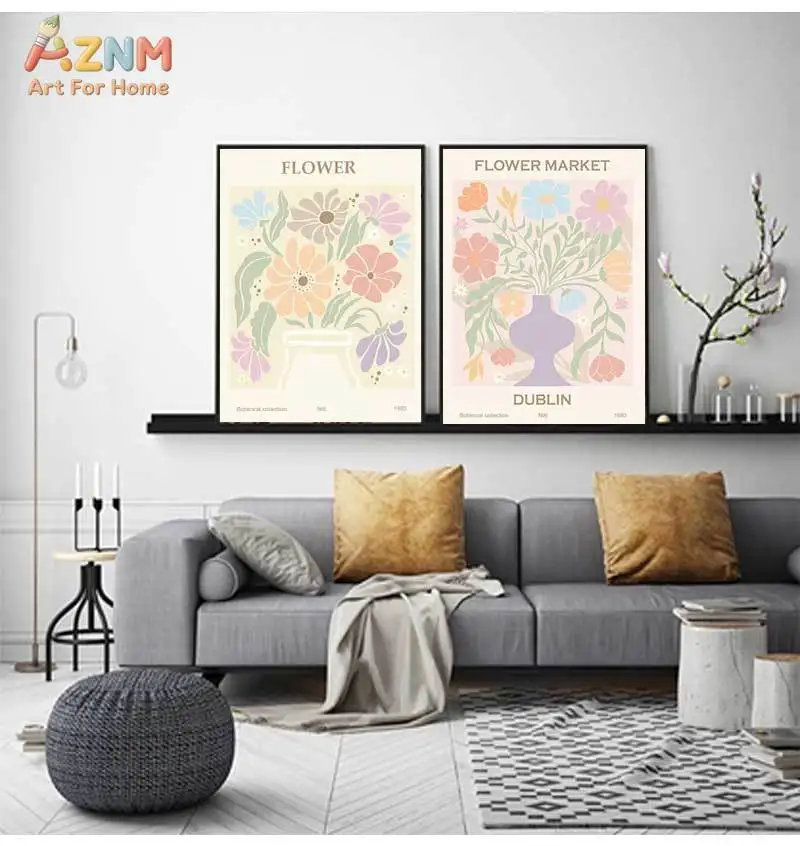 AZNM Pastel Aesthetic Canvas Wall Art Flower Butterfly Cherry Heart Floral Market Positive Quote Print Unframed Canvas Painting