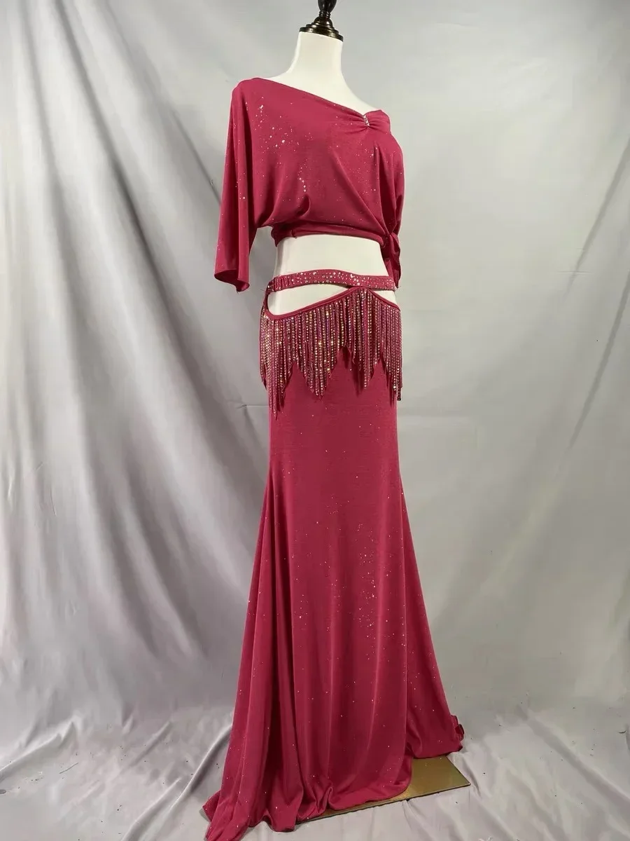 Women Belly dance Set with diamond tassels and large swing skirt Oriental dance burgundy V-neck dance costume customization