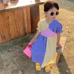 Girls' Dress Checkered Color Matching Bright Color Dress Short-sleeved Princess Dress New Fashion Summer Children'S Clothing