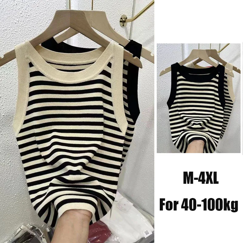 

2024 New Striped Suspender Vest Women's Plus Size Fat Sister Slim Wear Outside and Bottom Sleeveless Tank Top