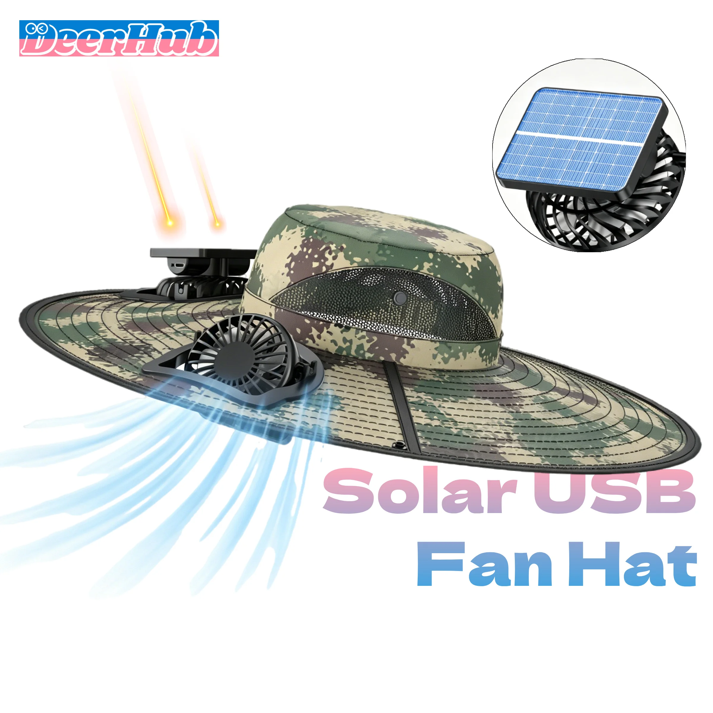 Solar USB Fan Hat Wide Brim UV Protection Rechargeable Cooling for Outdoor Hiking Camping Fishing Camouflage by DeerHub