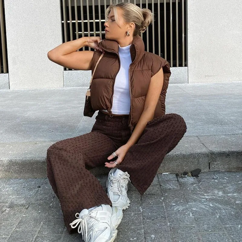 

Parkas Women Short Coats Vests Zipper Jackets Sleeveless Stand Collar Vest Y2k Streetwear Elegant Jacket Work Autumn Winter
