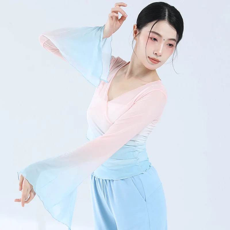 Classical Dance Mesh Top Flared Sleeve Gradient Ramp V Neck Elegant Women Modern Dance See Through Figure Skating Ballet Shirts