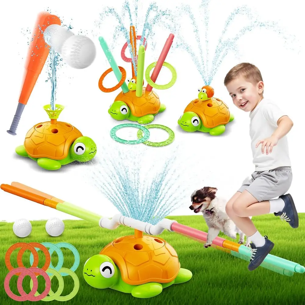 

4-in-1 Turtle Water Sprinkler Toys or Kids - Summer Oudoor Toy with Baseball Ringtoss Tubes - Outside Yard Lawn Backyard Park Ga