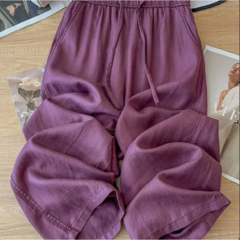 Wide Leg Pants Purple Cotton Linen Summer Thin Small Size High Waist Drapey Nine Point Straight Leg Pants