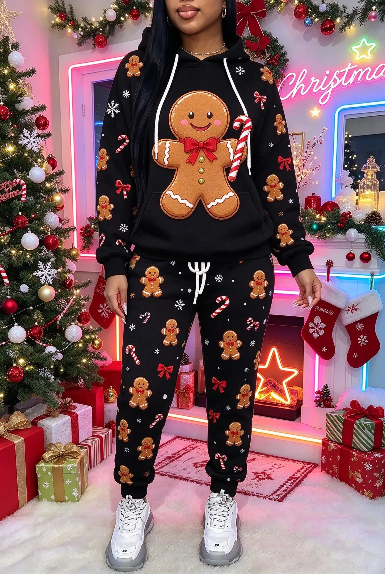 Ladies Christmas Cartoon Print Hooded Sweat Suit, Long Sleeve Hoodie & Drawstring Joggers, Holiday Casual 2 Piece Outfit
