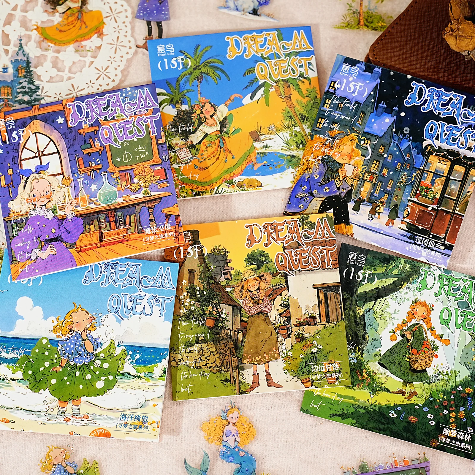Etori Life Original Dream Journey Series Retro Ins Personajes de dibujos animados Pegatinas de paisajes temáticos de las cuatro estaciones para decorar computadoras portátiles, fundas de teléfono, maletas, álbumes de fotos hechos a mano, decoración del hogar, regalos navideños, bolsas de papel de regalo, pegatinas impermeables, artesanía troqueladas independientes