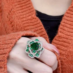 Exquisite 925 Sterling Silver Emerald Gemstone Opening Ring Luxury Flower Design Female Temperament Anniversary Jewelry Gift