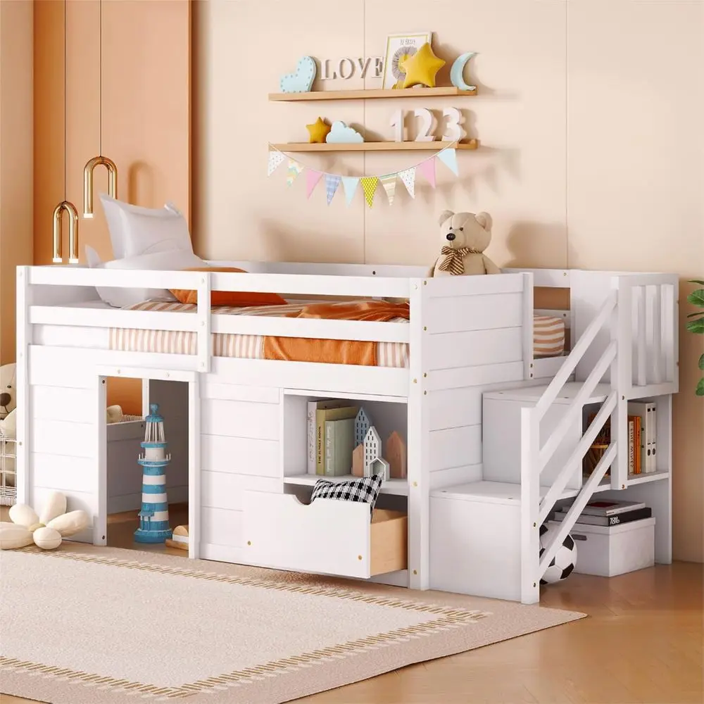 

White Storage Twin Loft Bed with Built-in Staircase for Kids/Teens, No Box Spring Required