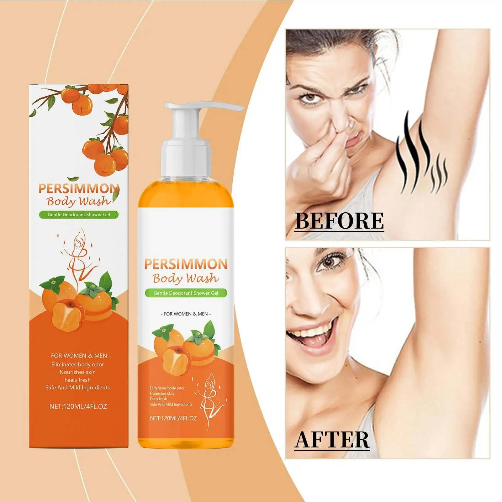 Persimmon Body Wash 120ml Natural Persimmon Deodorizing Soap Smelly Feet Deodorizer Strong Smell Control Cleansing Skin Lotion
