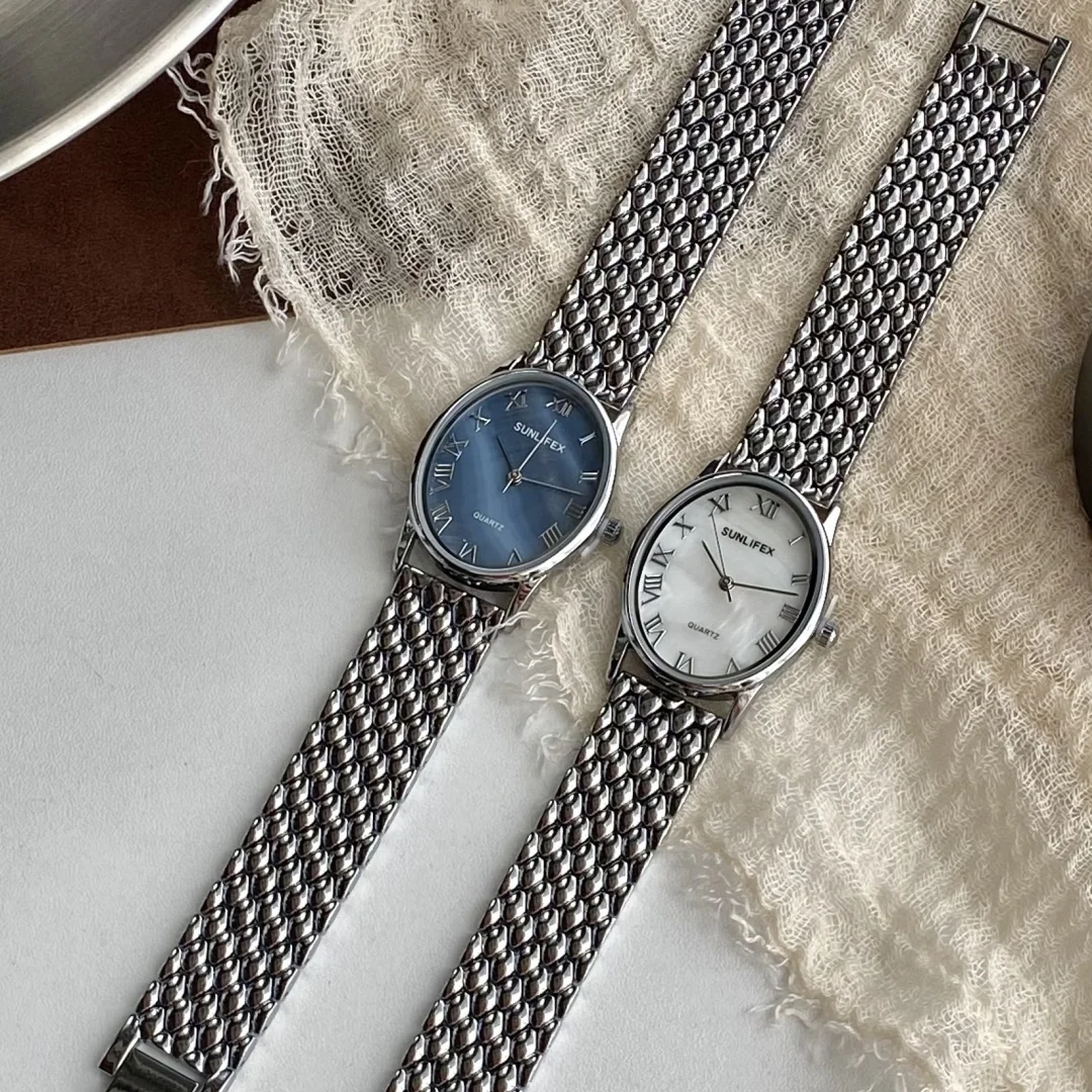 Sunlifex Brand Oval Shell Dial Women's Watch Ladies Bracelet Quartz Watch for Women Steel Strap Wristwatches Clock Reloj Mujer