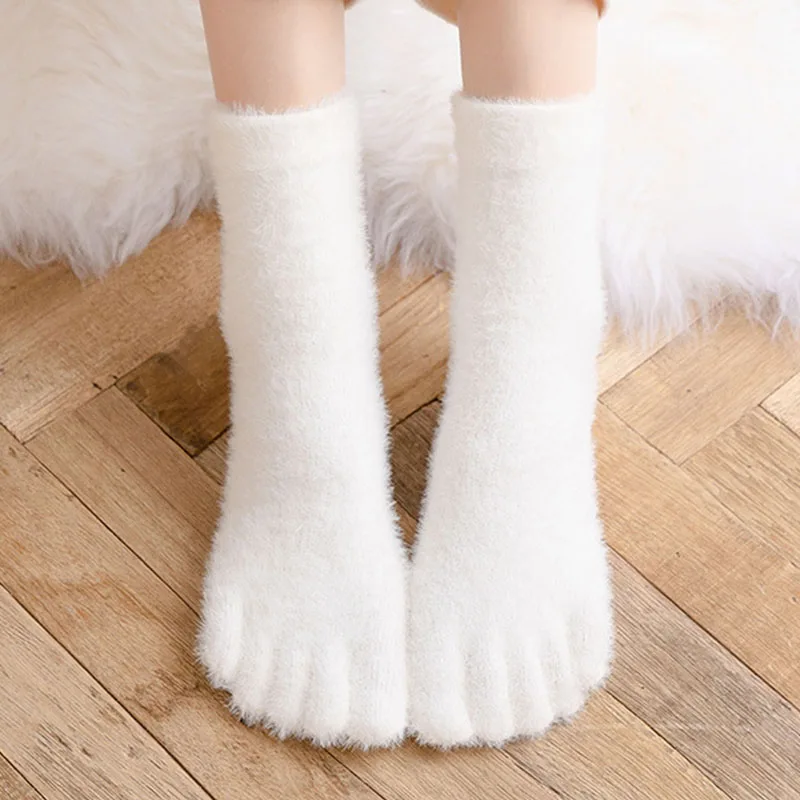 3 Pairs Women Girls Winter Toe Socks Short Warm Five Finger Toed Sox Thick Soft Cozy Plush Solid Color Split Toe Bed Sleep Socks