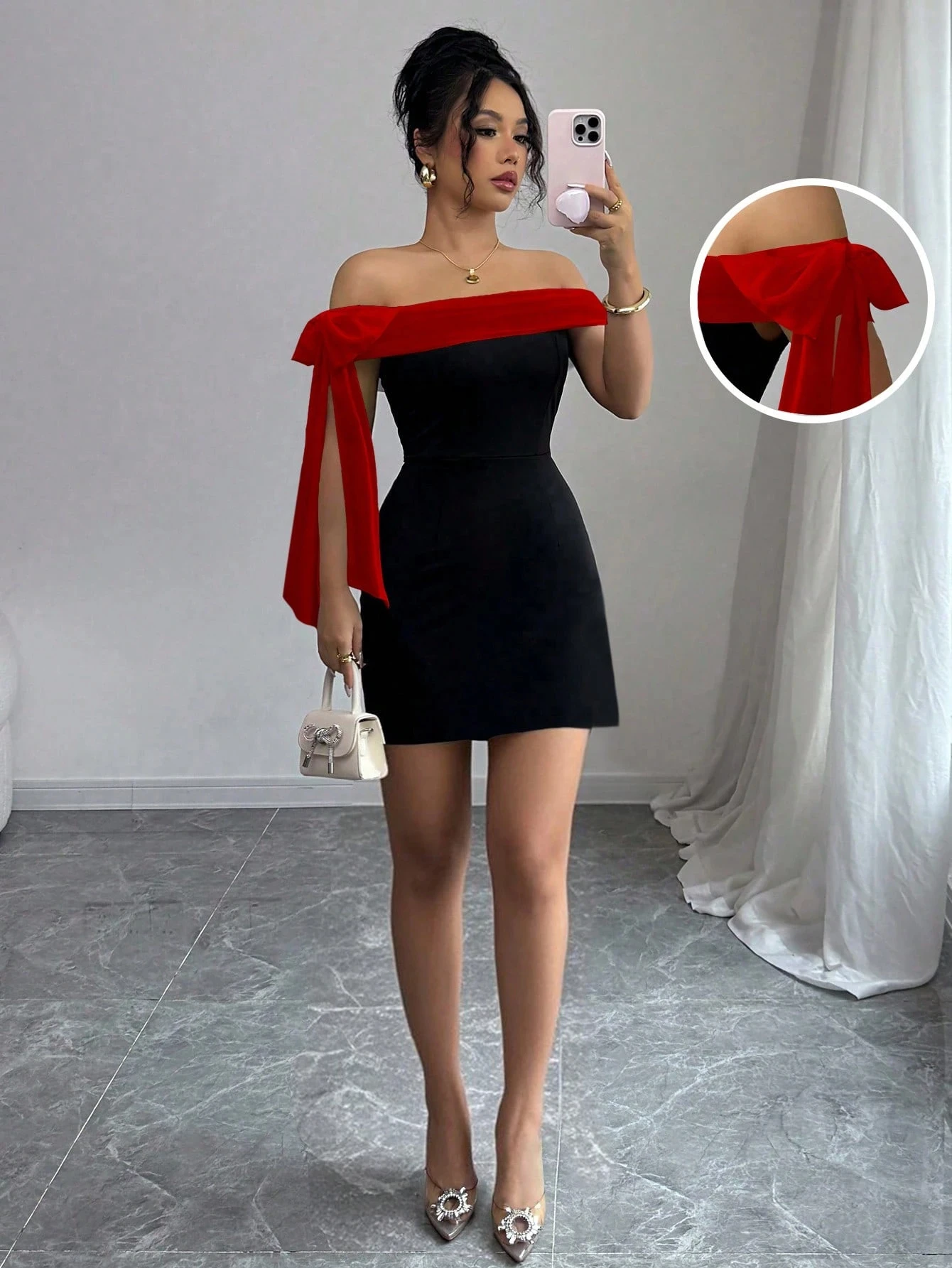 Women Off Shoulder Mini Dress Red Big Bow Spliced Bodycon Evening Party Dress