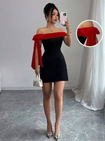 Kadınlar İçin Omuzları Açık Mini Elbise Kırmızı Büyük Fiyonklu Eklenmiş Dar Kesim Kısa Elbiseler Zarif İnce Kesim Siyah Mini Elbise Gece Kulübü Partisi Doğum Günü Kıyafetleri Abiye
