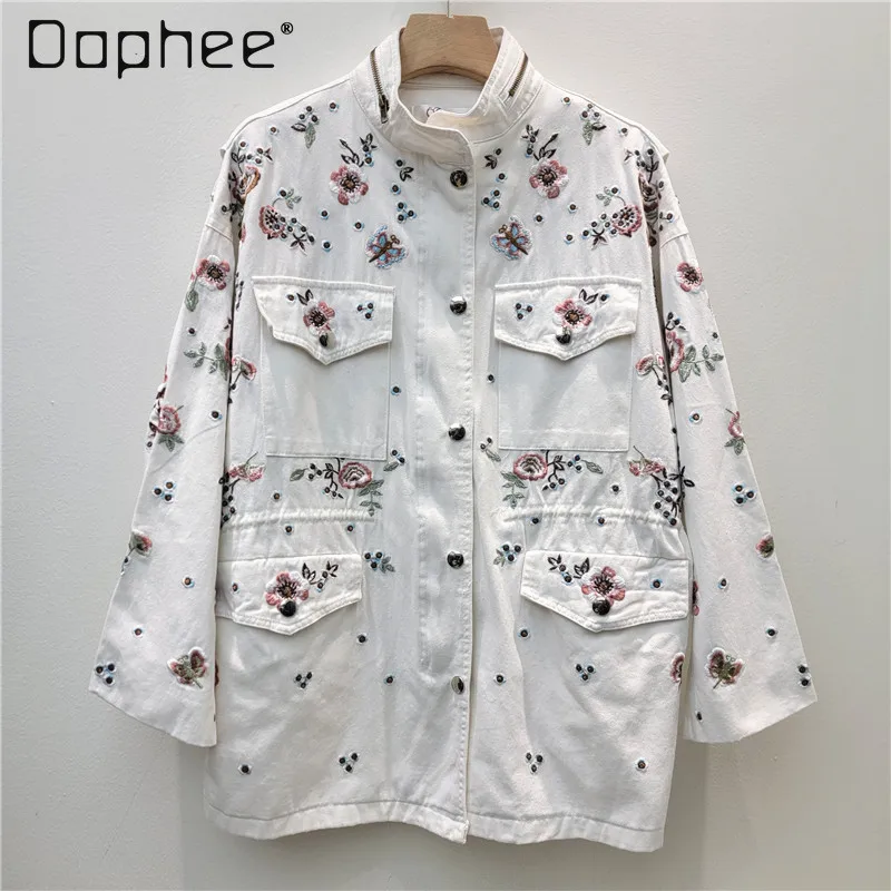 

2026 Early Spring New European American Style Heavy Embroidery Floral Loose Slimming Stand Collar Trench Coat for Women Trendy