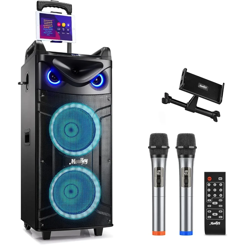 

Karaoke Machine, Double 10" Woofer PA System for Party, Portable Bluetooth Speaker with 2 Wireless Microphone