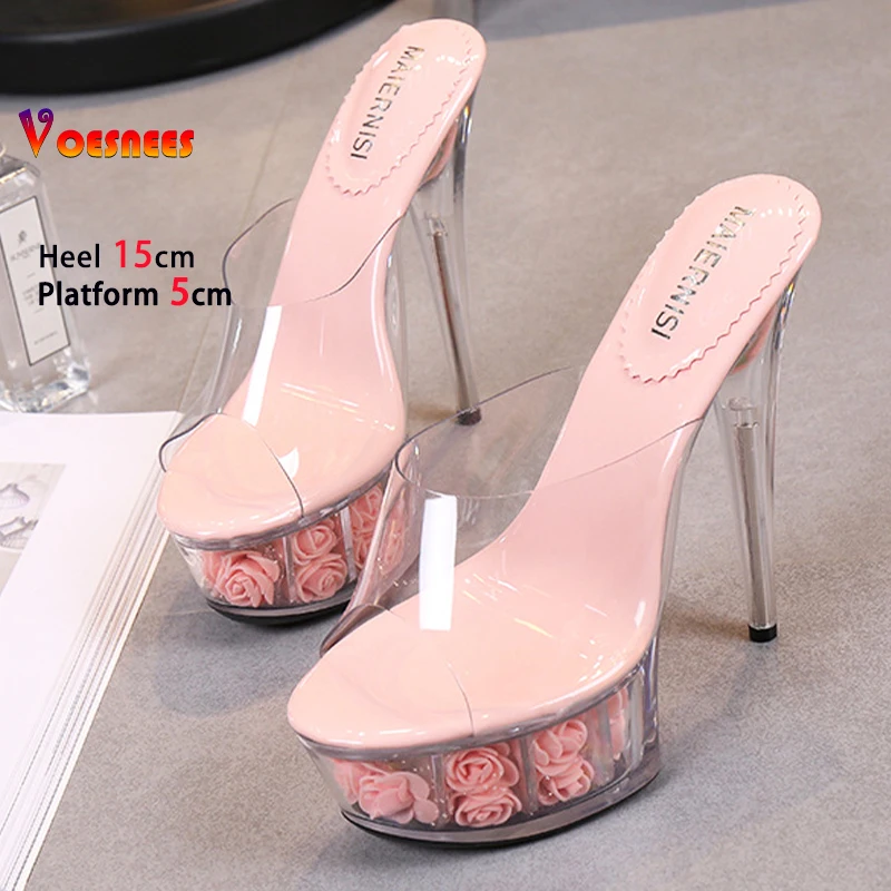 

Voesnees/женские шлепанцы, 2023 г., розовые шлепанцы, прозрачные сандалии, обувь большого размера на платформе с цветочным узором и кристаллами, обувь 15 см