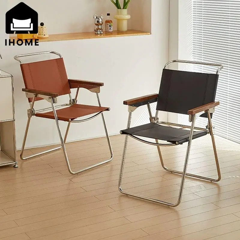 

IHOME Nordic Retro Dining Chairs Modern And Minimalist Stainless Steel Saddle Leather Folding Backrest Chairs Office Armchairs