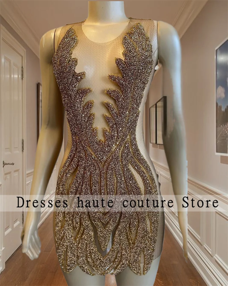 

Sparkly Gold Crystals Rhinestones Short Prom Dress 2025 Glitter Bead Mini Cocktail Dress Customized Homecoming Dress