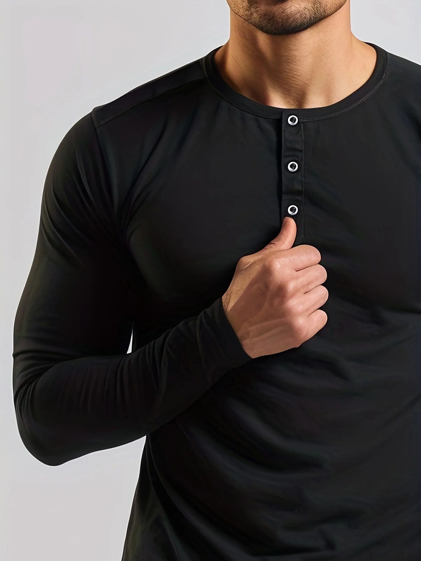 New bodybuilding long sleeve Henley T-shirt sports stretch casual base shirt