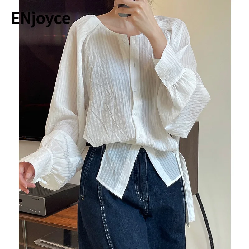 

ENjoyce Women Vintage Placket Striped Shirts Office Lady New Design Blouse Korean Fashion Loose Shirt Cropped Tops Spring Summer