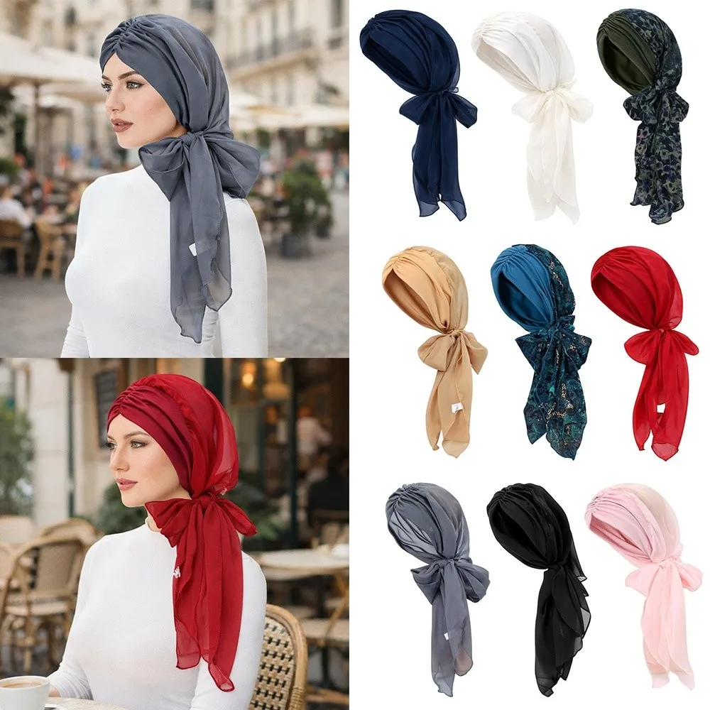 New Flower Hijab Caps Elastic Soft Polyester Pre-tie Turban Hat Breathable Wrap Style Islamic Bottoming Hat Women Headwear