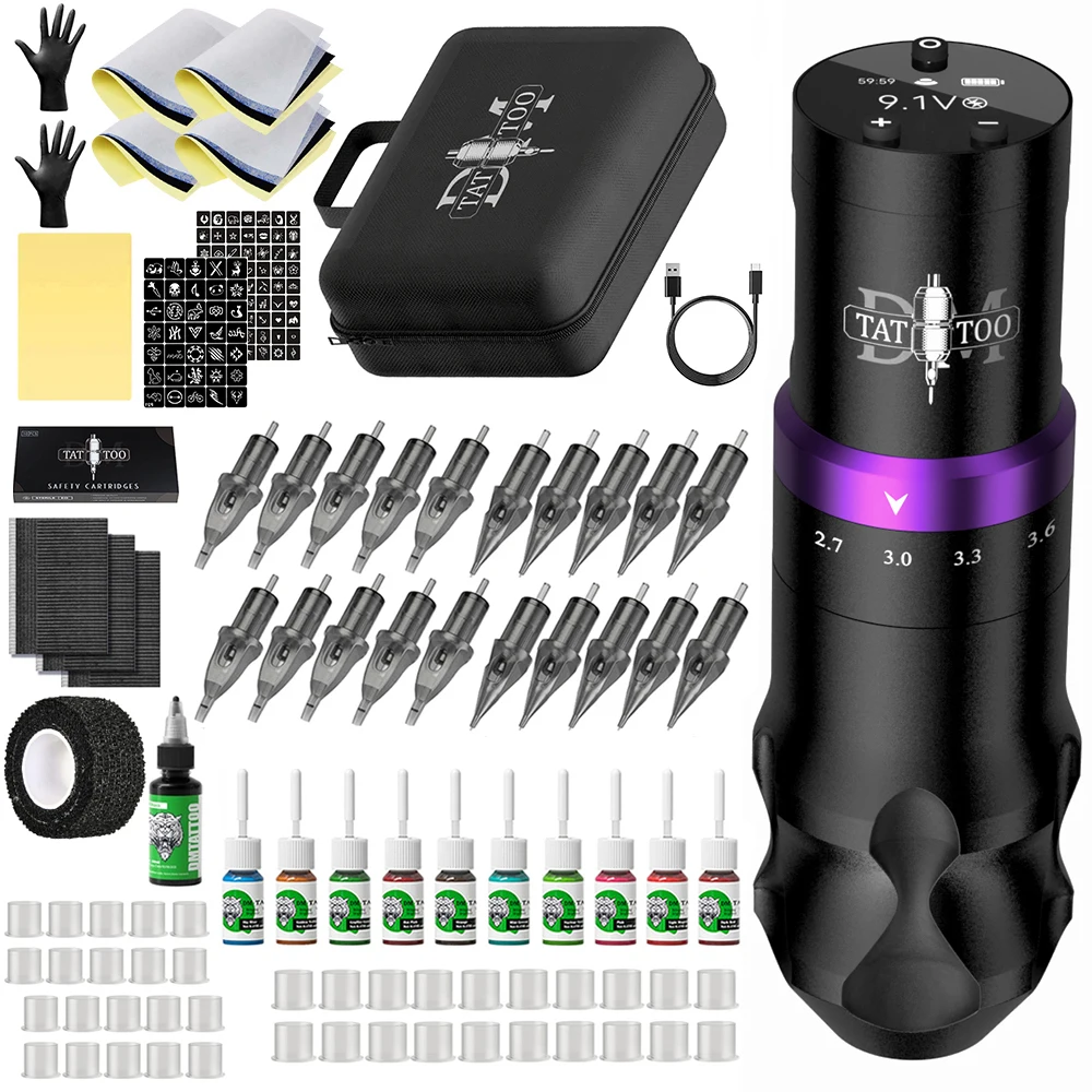 DM Gorilla Wireless Tattoo Machine Pen Kit 7 Strokes Adjustable Rotary Tattoo Pen Set With Cartridge Needles For Makeup Body Art