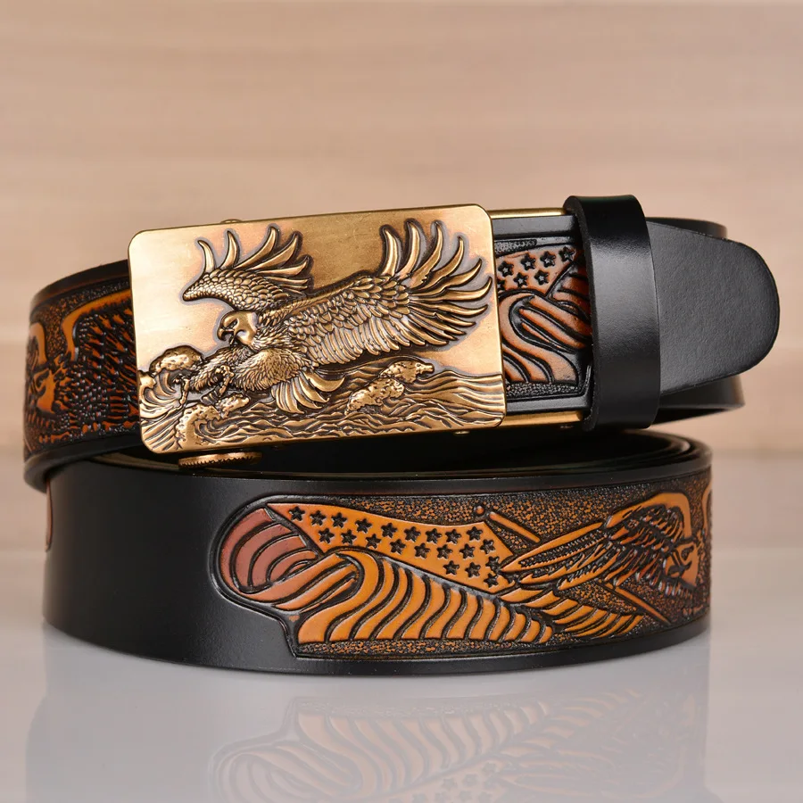 

New Eagle Embossed Cowhide Men's Belt with Cross border Eagle Wings Automatic Buckle Belt Personalized Belt