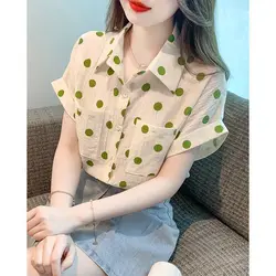 Summer Woman Clothes Green Polka Dot Polo-neck Short Sleeve Shirt Chiffon Simplicity Elegant Fashion Temperament Korean Style