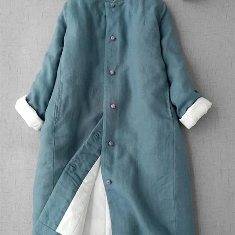 

2024 New Chinese Style Women's Long Cotton Coat Standing Collar Buckle Autumn Winter Mid Length Warm Linen Quilted Jacket ER-126