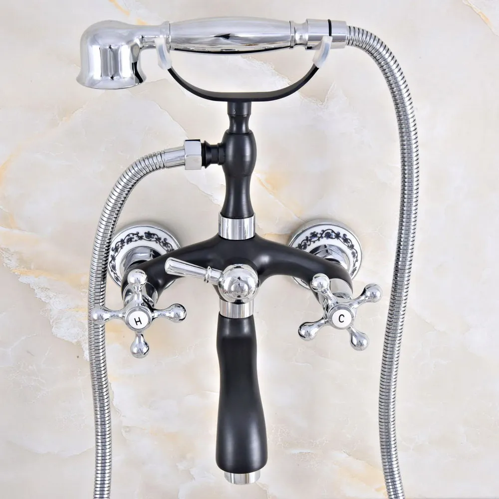 

Chrome Black Bronze Double Handles Wall Mounted Bathroom Clawfoot Bathtub Tub Faucet Mixer Tap w/ Hand Shower Lna606