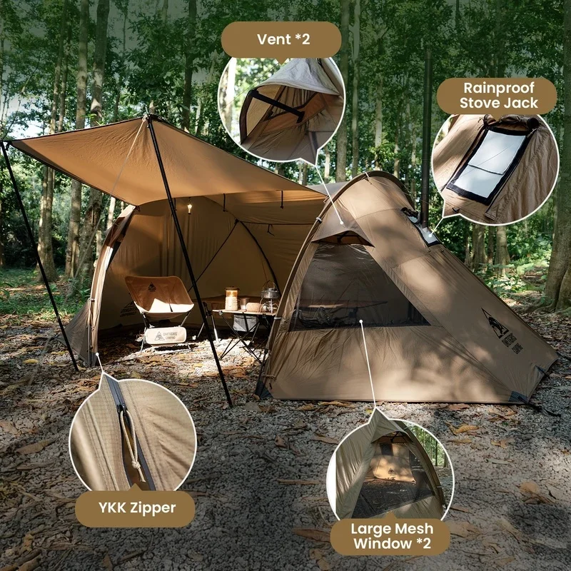 OneTigris Raven Nest 4 Season Waterproof Tunnel Hot Tent 2 Person Camping Shelter with Stove Jack for Backpacking And Bushcraft