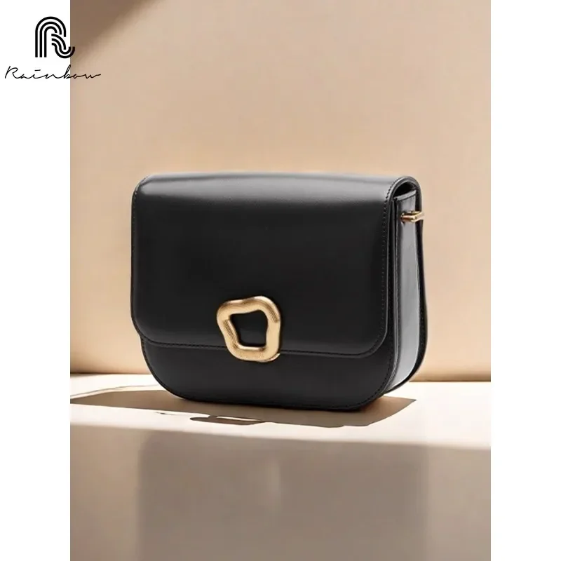 

RAINBOW Genuine Leather Women Handbags Casual Simple Solid Crossbody Bags Lady Gold Hasp Square Shoulder Bags Fashion Luxury